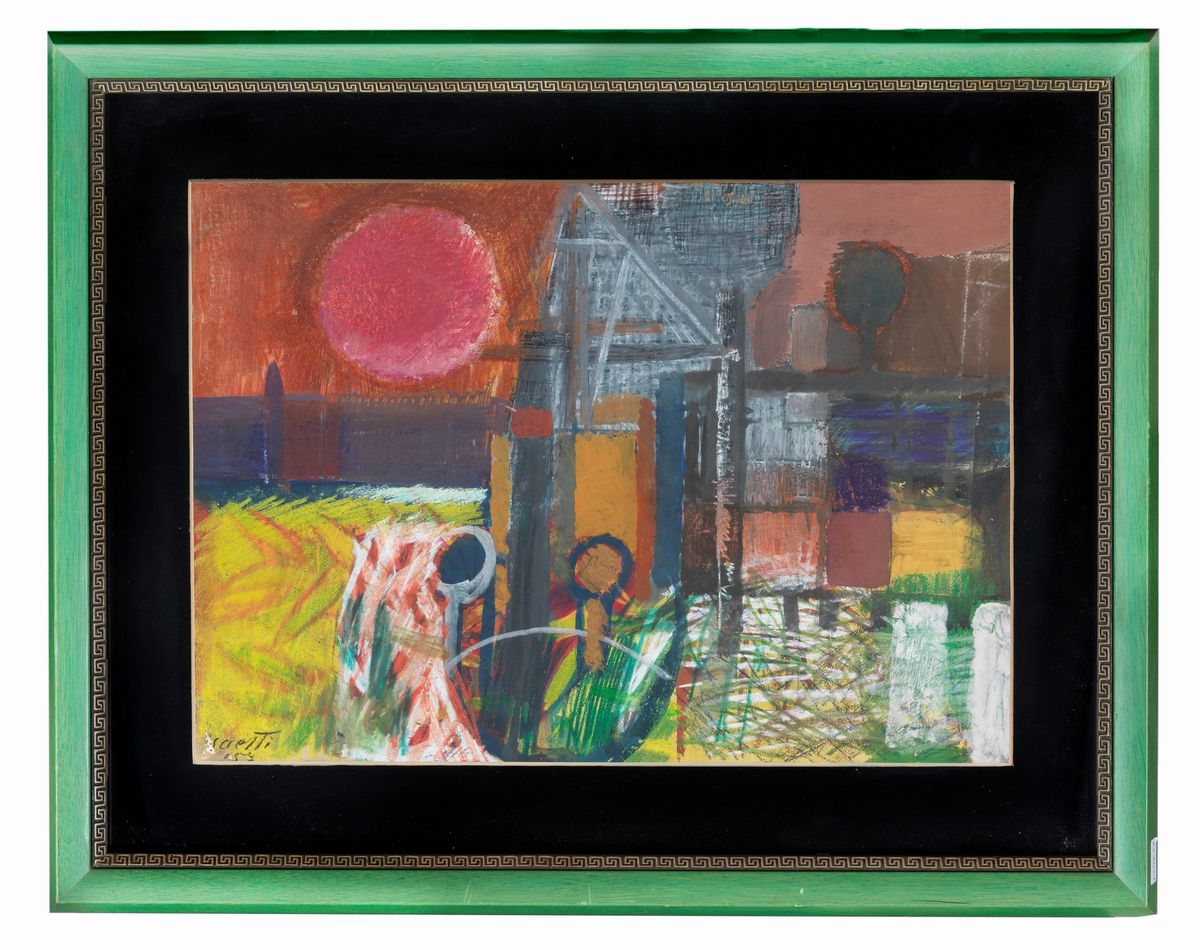 Firmato e datato. "Tramonto" tecnica mista su cartone cm 33 x 46