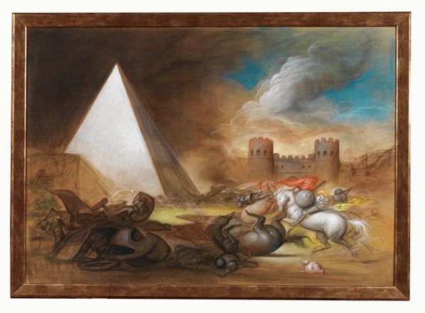 Riccardo Tommasi Ferroni - Firmato. "Battaglia alle Piramidi" tecnica mista su carta intelata cm 70 x 100