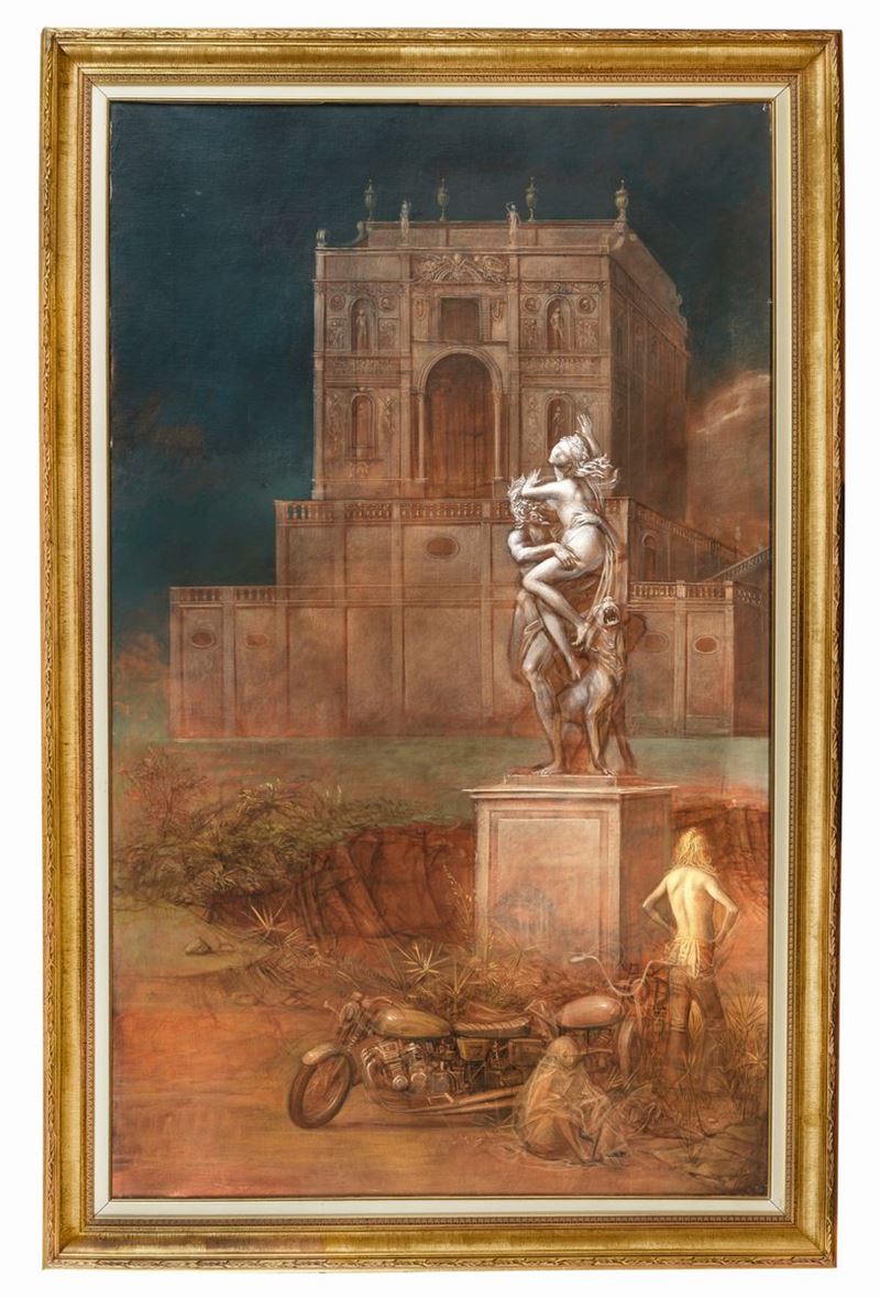 Firmato sul retro della tela. "Ratto di Proserpina" olio su tela cm 185 x 110