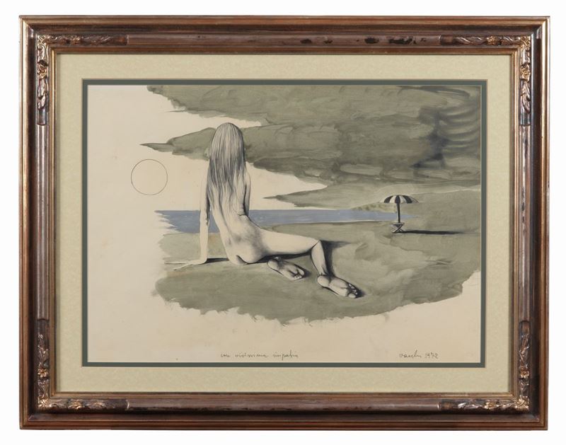 Firmato e datato 1972. "Nudo di ragazza sulla spiaggia" disegno a tecnica mista su carta cm 50 x ...