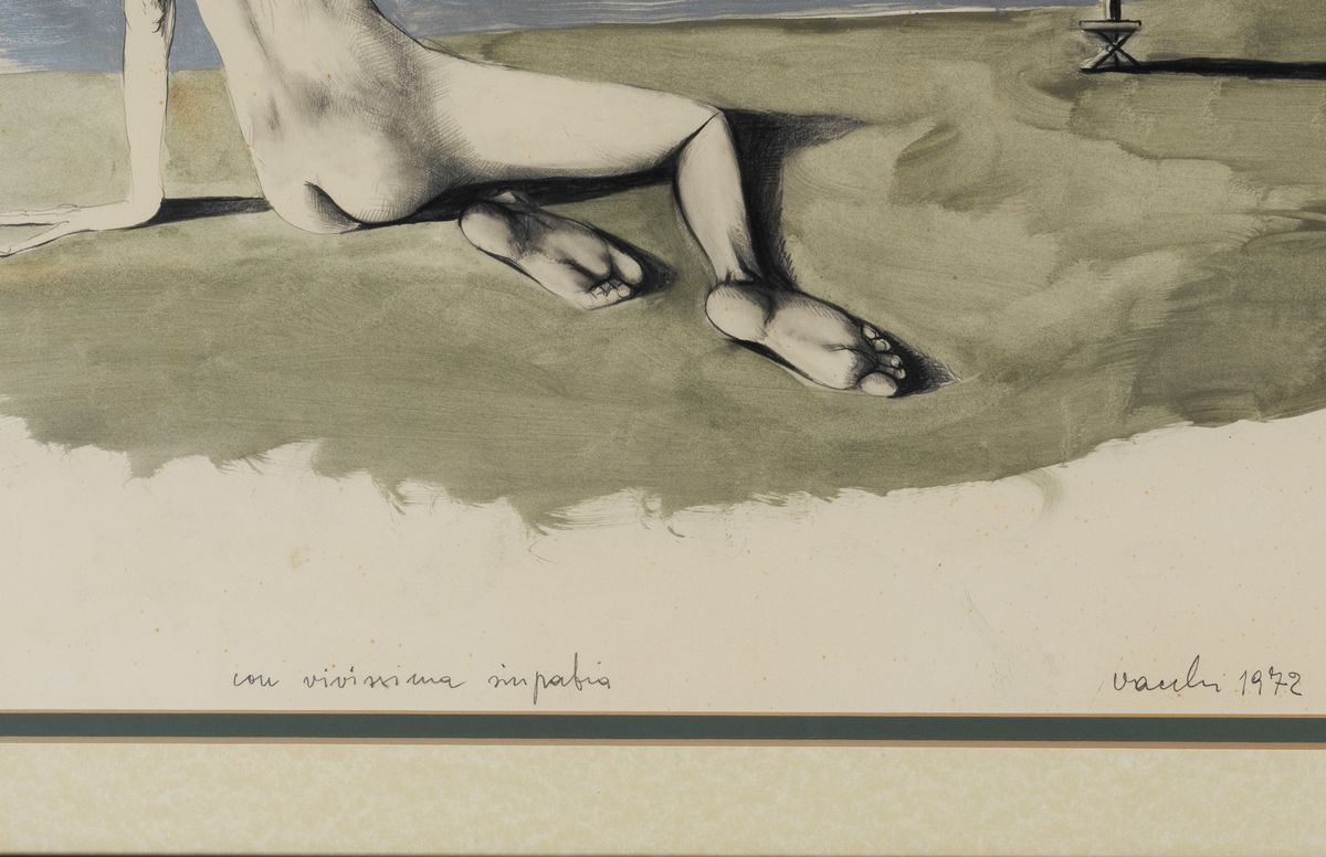 Firmato e datato 1972. "Nudo di ragazza sulla spiaggia" disegno a tecnica mista su carta cm 50 x ...
