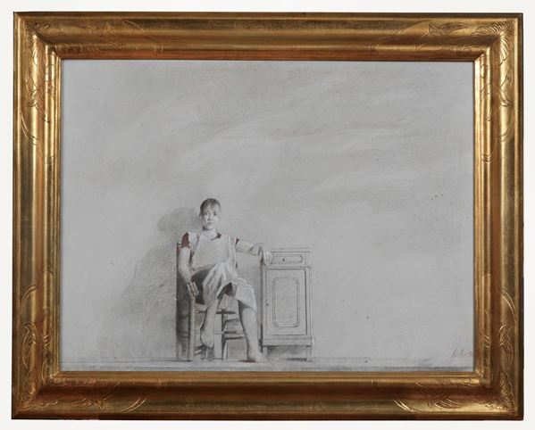 Giorgio Scalco - Signed and dated 1990. "Sitting girl with bedside table" mixed technique drawing 60 x 80 cm