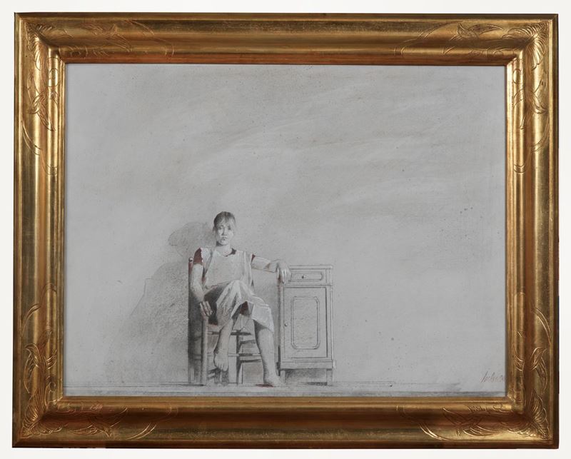 Firmato e datato 1990. "Ragazza seduta con comodino" disegno a tecnica mista cm 60 x 80