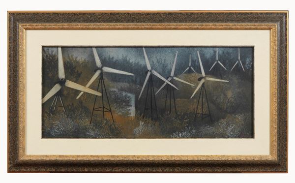 Corrado Cagli - Firmato. "Pale eoliche" olio su tela cm 30 x 65