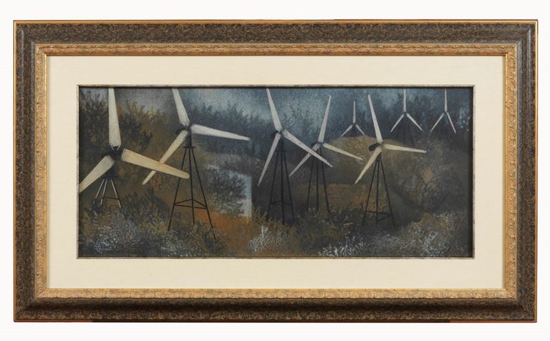 Firmato. "Pale eoliche" olio su tela cm 30 x 65