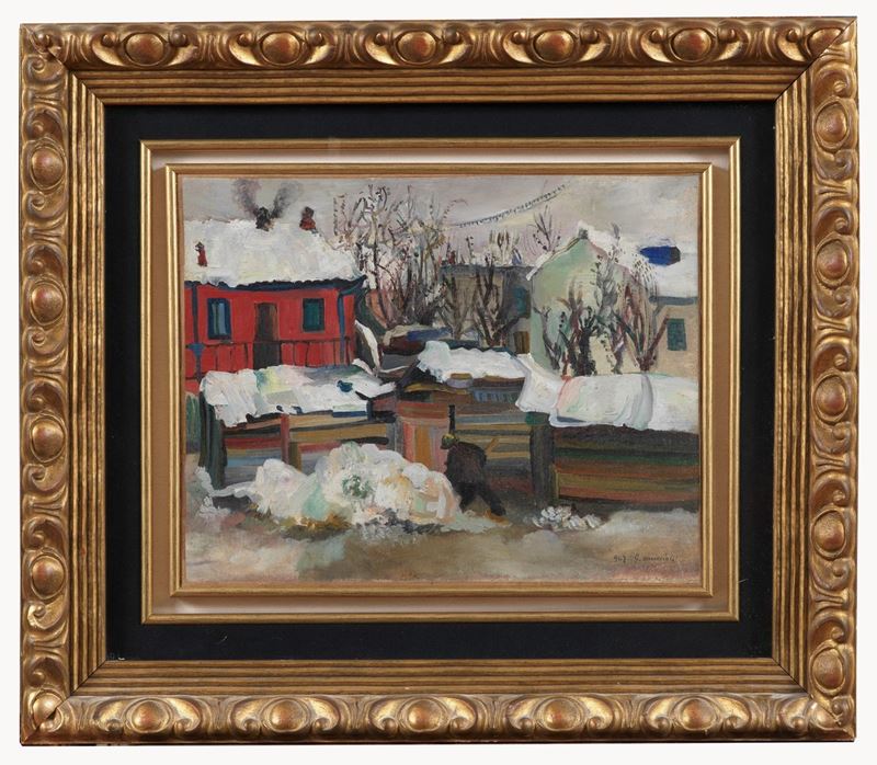 Firmato e datato 1947. "Paesaggio sotto la neve" olio su tela cm 40 x 50