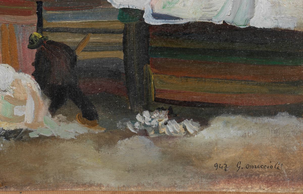 Firmato e datato 1947. "Paesaggio sotto la neve" olio su tela cm 40 x 50