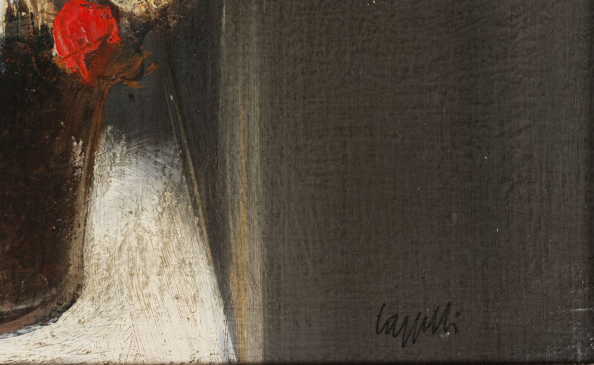 Firmato. "Notturno con fiori" olio su tela cm 40 x 50