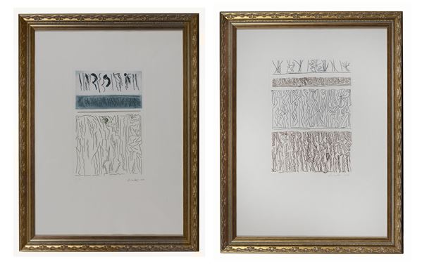 Riccardo Licata - Firmate e datate 1976. "Soggetti astratti" lotto di due litografie a colori multipli 79/99. Misura massima cm 39 x 27