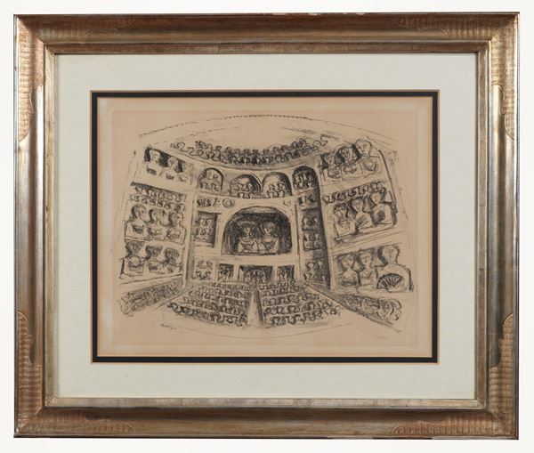 Massimo Campigli - Signed. "Theater" lithograph on multiple paper 141/200 cm 40 x 50