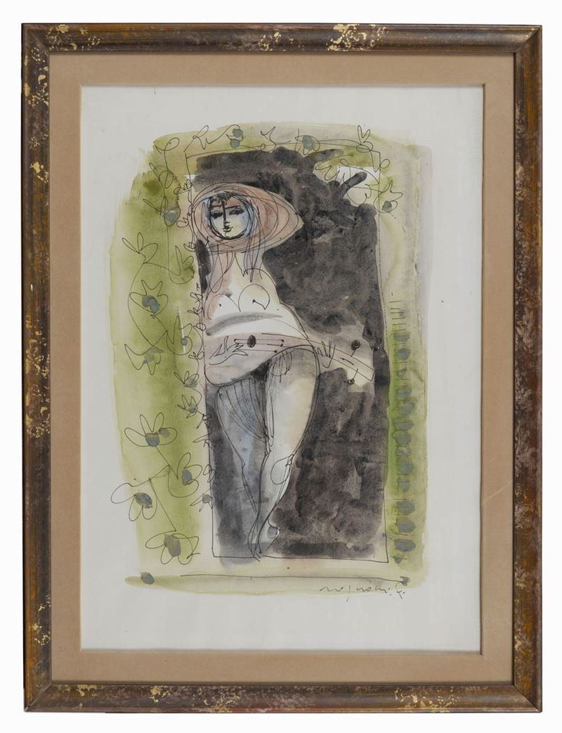 Firmato. "Nudo di donna" disegno a china e acquarello su carta applicata a tela cm 65 x 45