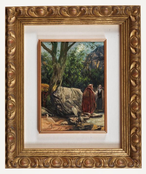 Silvestro Pistolesi - Signed. "Encounter in the wood" fat tempera on canvas cardboard 35 x 25 cm