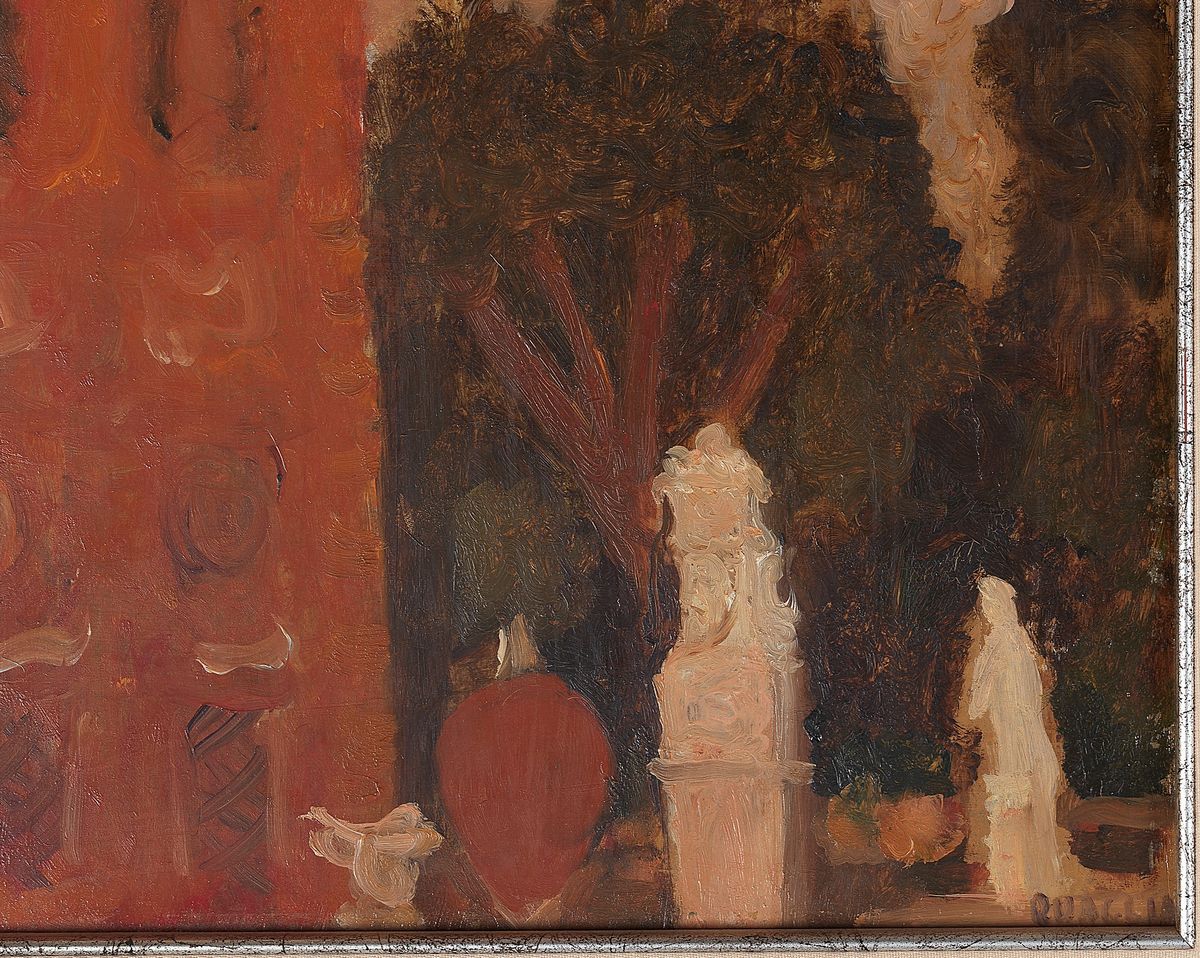 Firmato. "Villa Borghese" olio su masonite cm 35 x 25