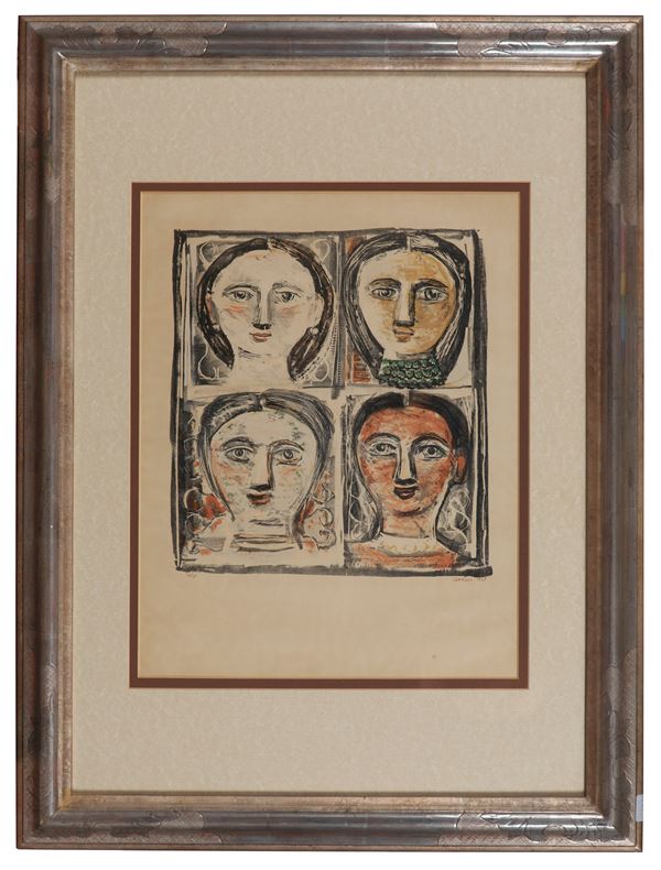 Massimo Campigli - Signed and dated 1948. "Four heads" multiple color lithograph 30/50 cm 50 x 40