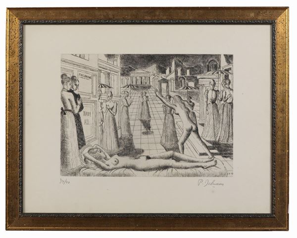Paul Delvaux - Signed. "Female figures" lithograph on multiple paper 34/40 cm 32 x 44