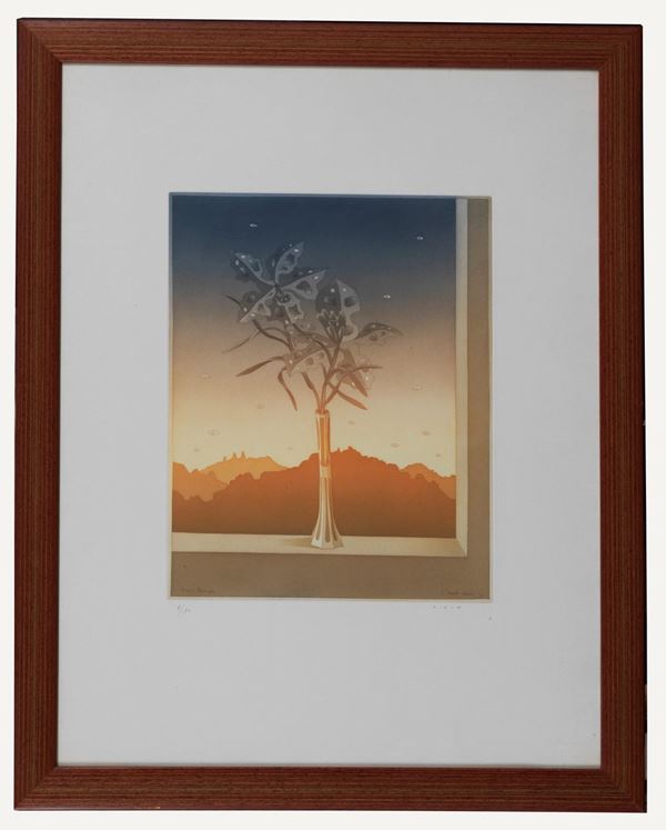 Pavel Filin (Artista Contemporaneo) - Signed. "Window with vase and flower" multiple color lithograph 8/90 cm 37 x 29