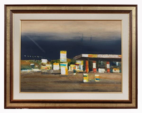 Rudy Nappi - Signed. "Petrol station" oil on plywood 50 x 70 cm