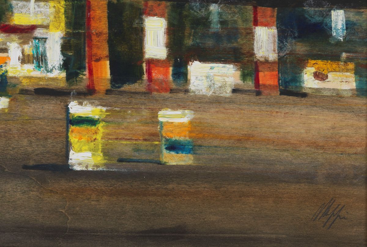 Firmato. "Distributore di benzina" olio su compensato cm 50 x 70