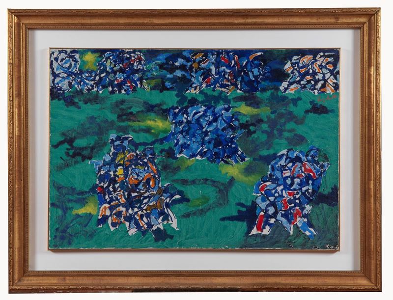 Firmato e datato 1962. "Composizione" olio su tela cm 90 x 130