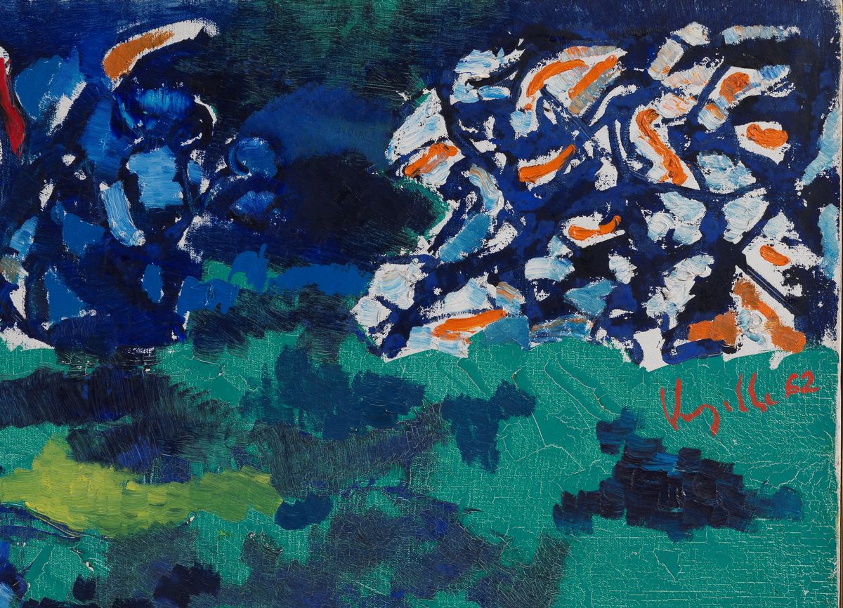 Firmato e datato 1962. "Composizione" olio su tela cm 90 x 130