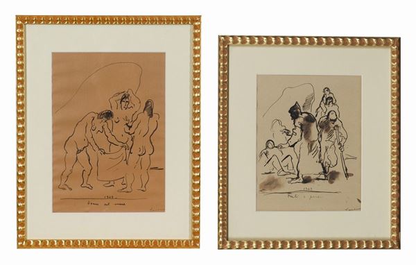 Antonio Carena - Signed and dated 1949. "Women on the sea" and "Friars and the poor" two drawings in watercolor and ink 33 x 23.5 cm and 26 x 20 cm
