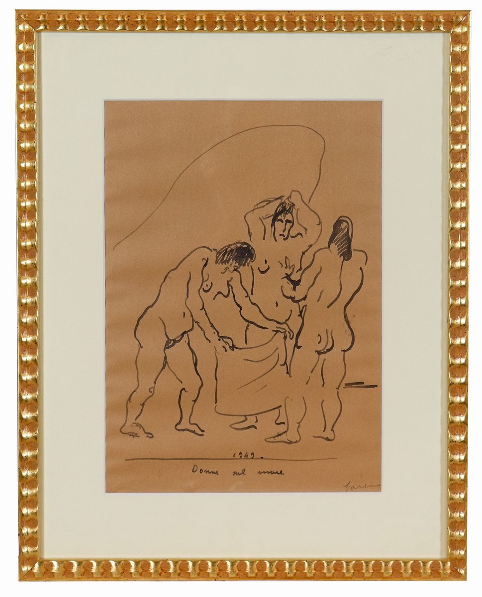 Firmati e datati 1949. "Donne sul mare" e "Frati e poveri" due disegni ad acquarello e china cm 3...