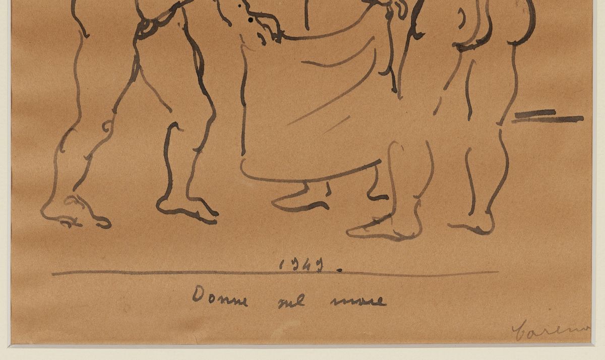 Firmati e datati 1949. "Donne sul mare" e "Frati e poveri" due disegni ad acquarello e china cm 3...