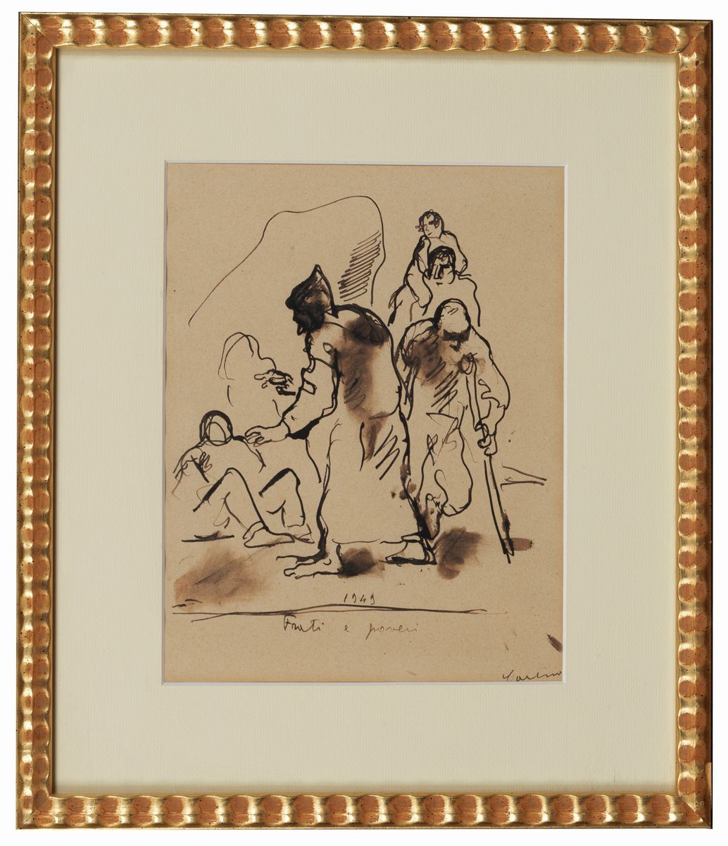 Firmati e datati 1949. "Donne sul mare" e "Frati e poveri" due disegni ad acquarello e china cm 3...