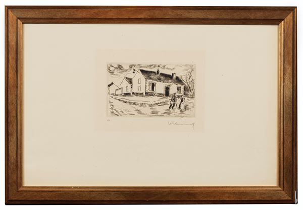 Maurice De Vlaminck - Firmato. "Maison de village" (1950) acquaforte con tiratura di soli 100 esemplari cm 10 x 15
