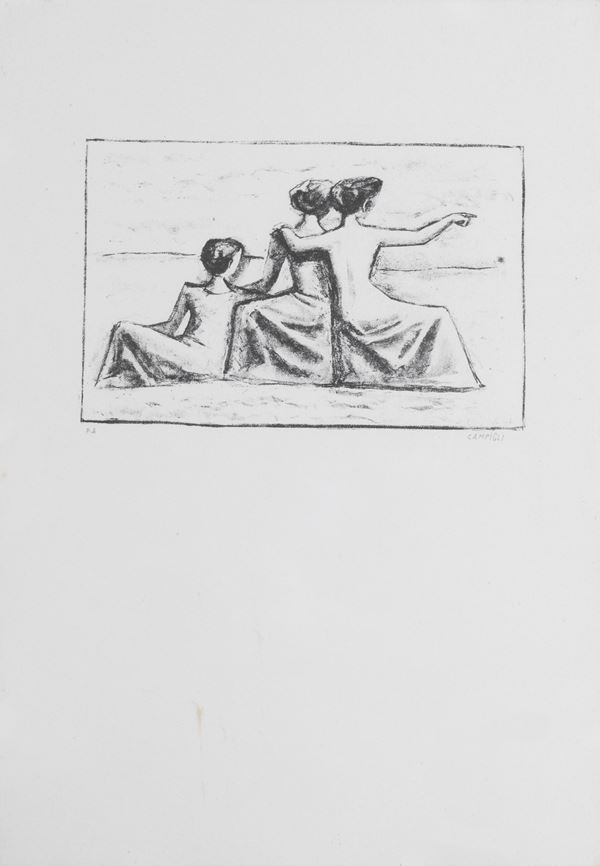 Massimo Campigli - "Tre ragazze" Prova d'autore litografia cm 50 x 34