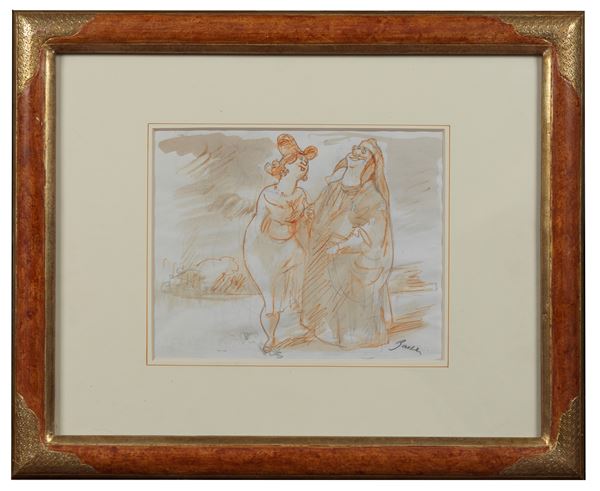 Amerigo Bartoli - Signed. "Dante and Beatrice" sanguine on paper 24 x 32.5 cm