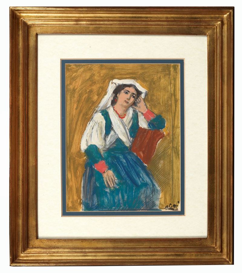 Firmata. "Donna in costume" tempera cm 36 x 28