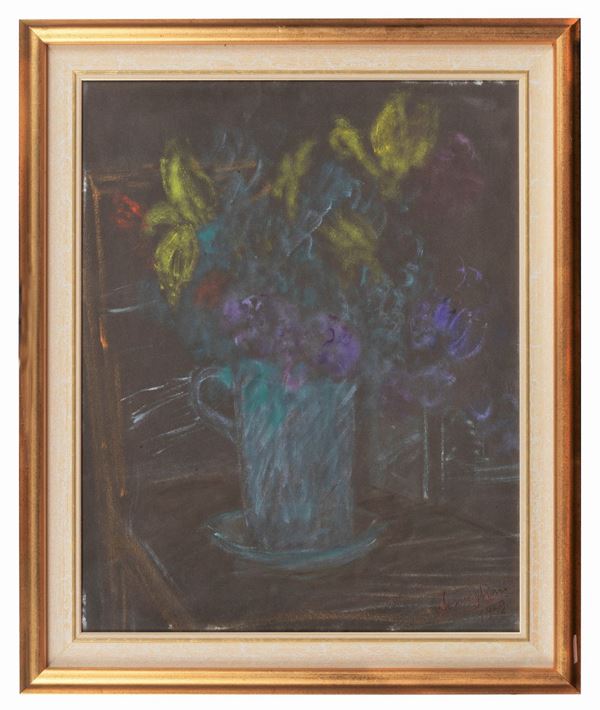 Pio Semeghini - Firmato e datato 1959. "Tulipani su fondo nero" tecnica mista cm 50 x 40