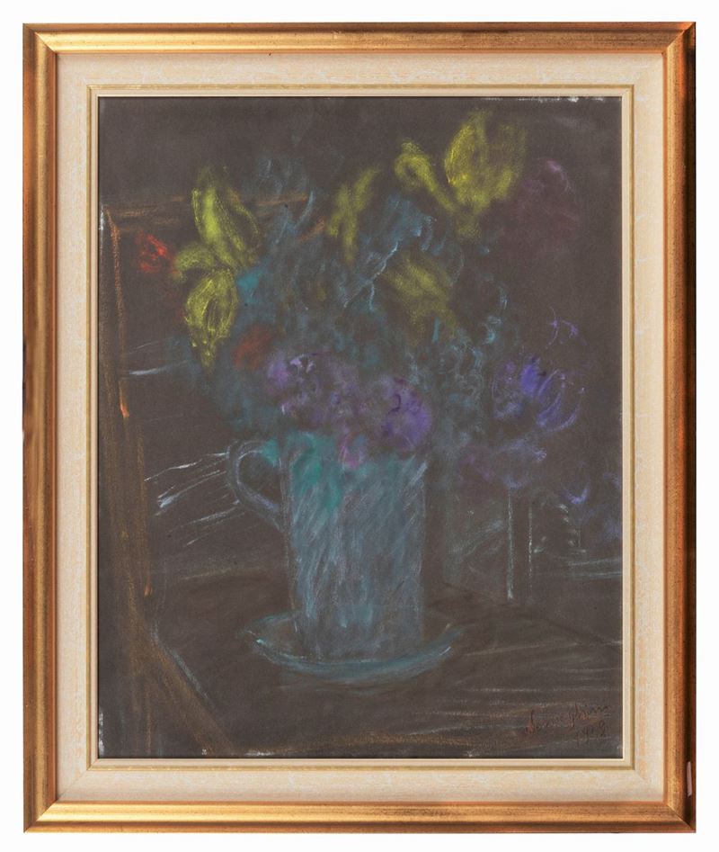 Firmato e datato 1959. "Tulipani su fondo nero" tecnica mista cm 50 x 40