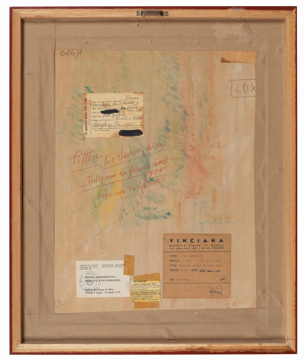 Firmato e datato 1959. "Tulipani su fondo nero" tecnica mista cm 50 x 40