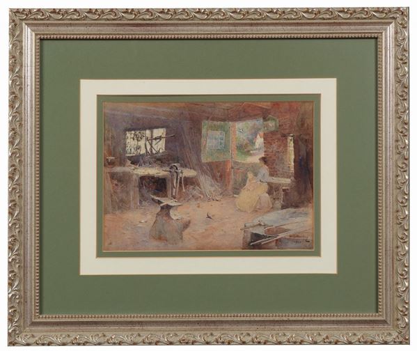 Thomas Mackay (Pittore Inglese) - Signed and dated 1900. "Interior of carpentry with mother and son", watercolor on paper