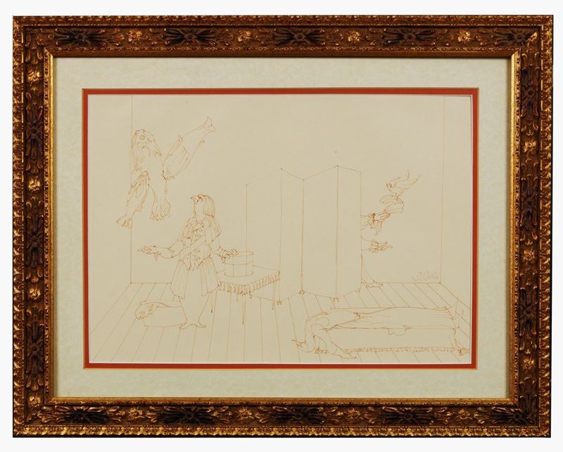 Firmato. "Composizione metafisica" disegno a china su carta cm 34 x 48