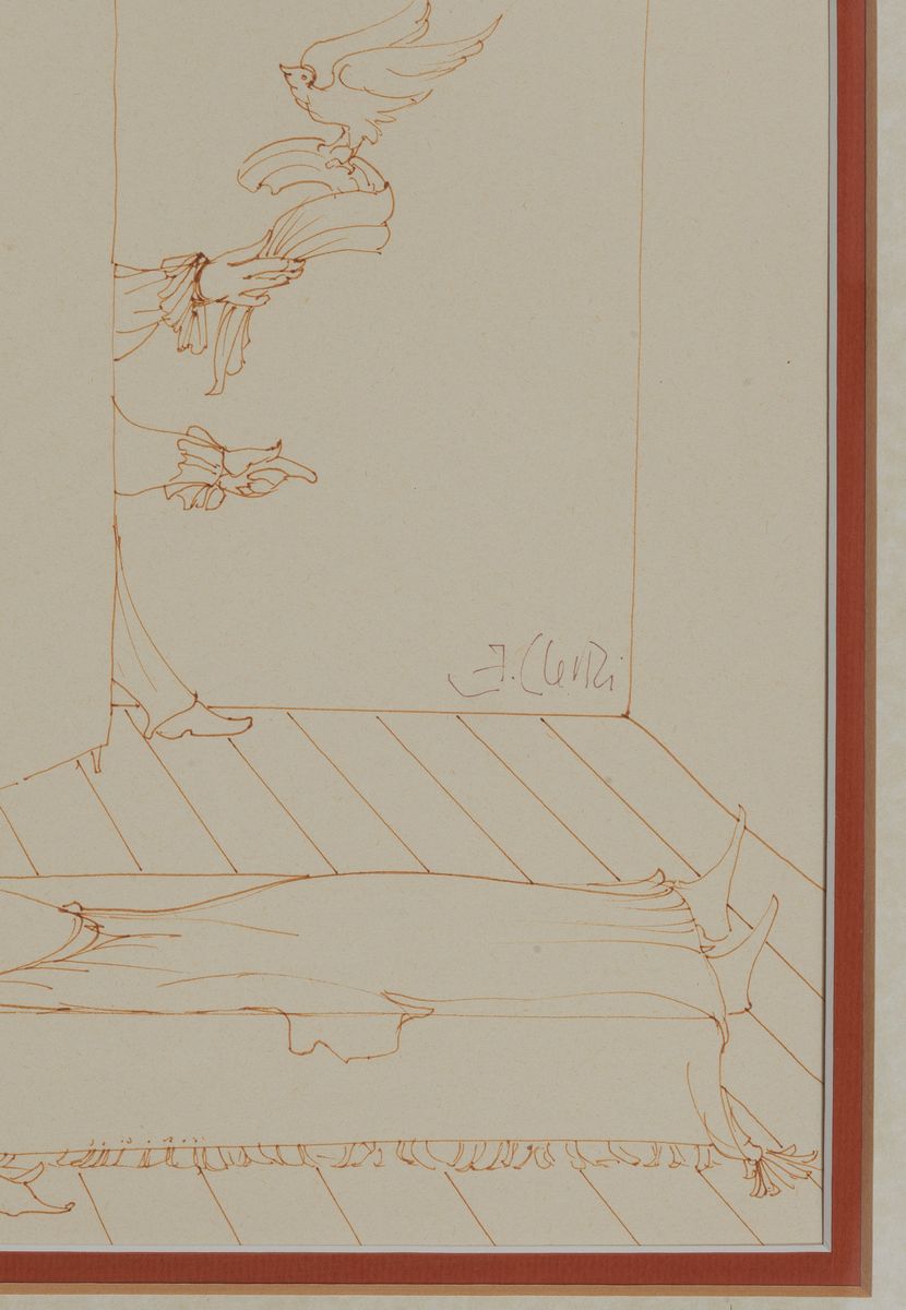 Firmato. "Composizione metafisica" disegno a china su carta cm 34 x 48