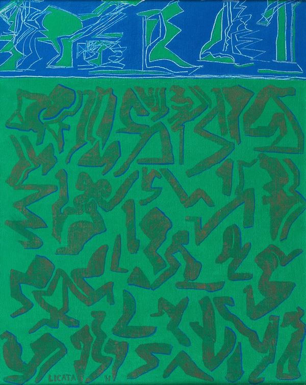 Riccardo Licata - Firmata e datata 1971. "Senza Titolo" tempera su tela cm 50 x 40
