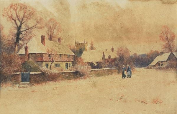 Pittore Inglese Fine XIX Secolo - Signed. "Landscape with village and castle", watercolor on paper