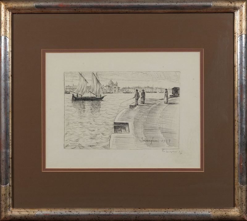 Firmata e datata 1927. "Paesaggio veneziano" acquaforte a punta secca multiplo 7/30 cm 30 x 40