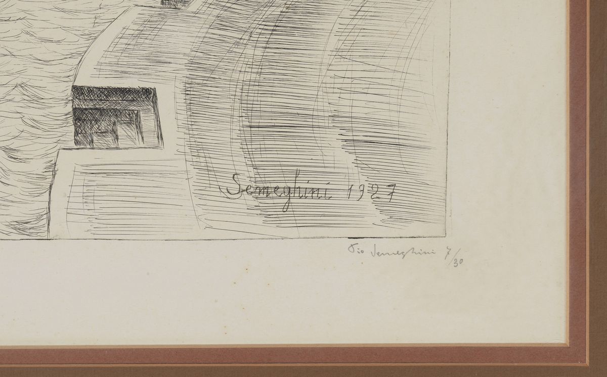 Firmata e datata 1927. "Paesaggio veneziano" acquaforte a punta secca multiplo 7/30 cm 30 x 40