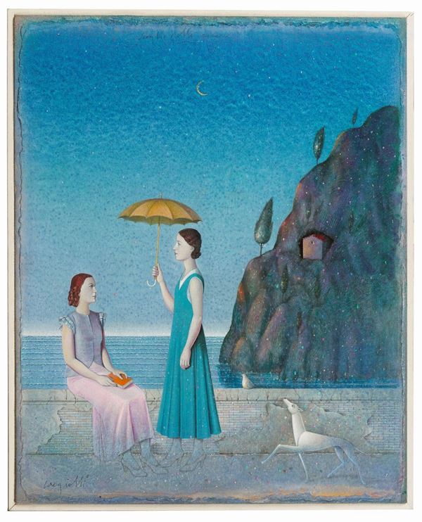 Claudio Cargiolli - Signed. "From Donghi: Scoglio delle Sirene" mixed technique on wood 50 x 40 cm