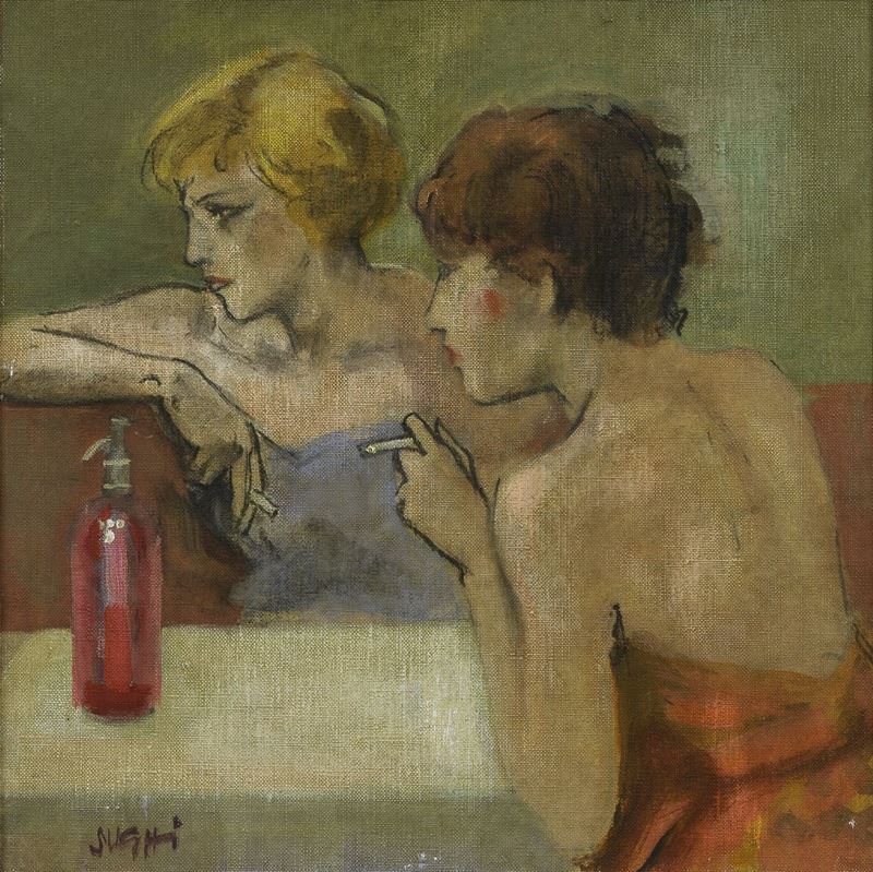 Firmato. "Ragazze al Bar" olio su tela cm 30 x 30