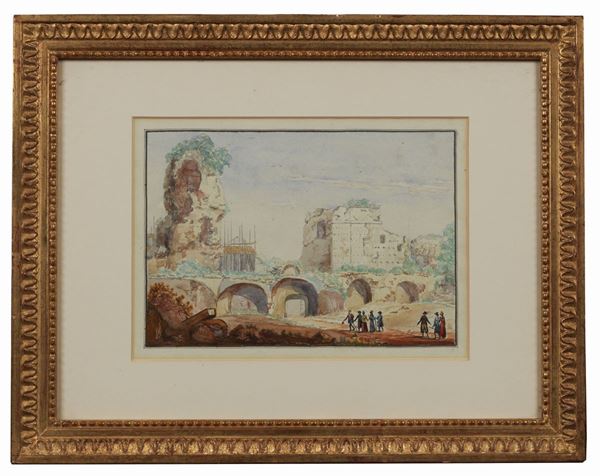 Pittore Italiano XIX Secolo - "The visit to the Roman Ruins", gouache on paper