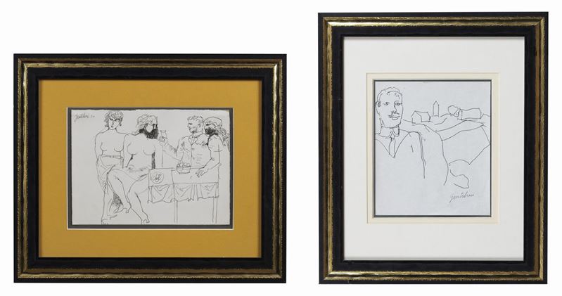 Firmati. "Il Banchetto"' e "L'Autoritratto" Due disegni a china su carta cm 19 x 26 e cm 22,5 x 1...