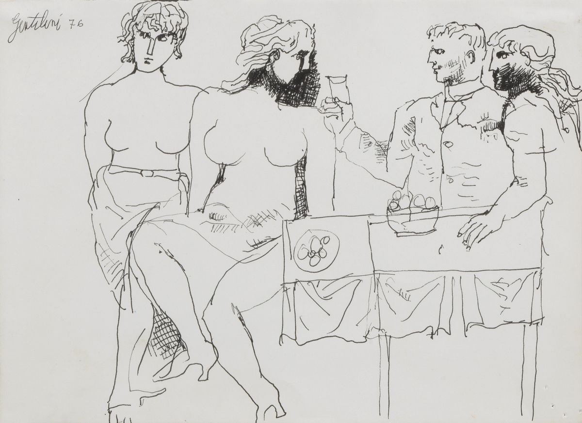 Firmati. "Il Banchetto"' e "L'Autoritratto" Due disegni a china su carta cm 19 x 26 e cm 22,5 x 1...