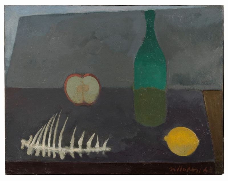 Firmato e datato 1948. "Natura morta con spina di pesce" olio su tela cm 35 x 45.