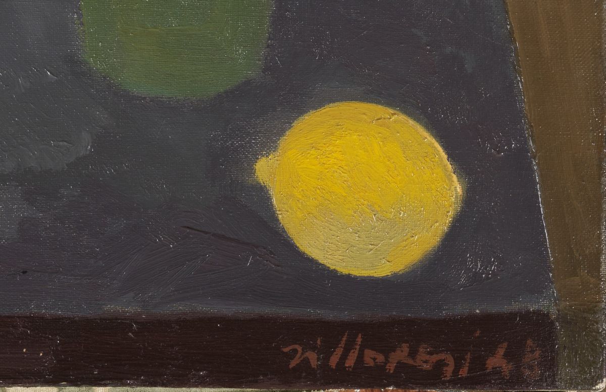 Firmato e datato 1948. "Natura morta con spina di pesce" olio su tela cm 35 x 45.