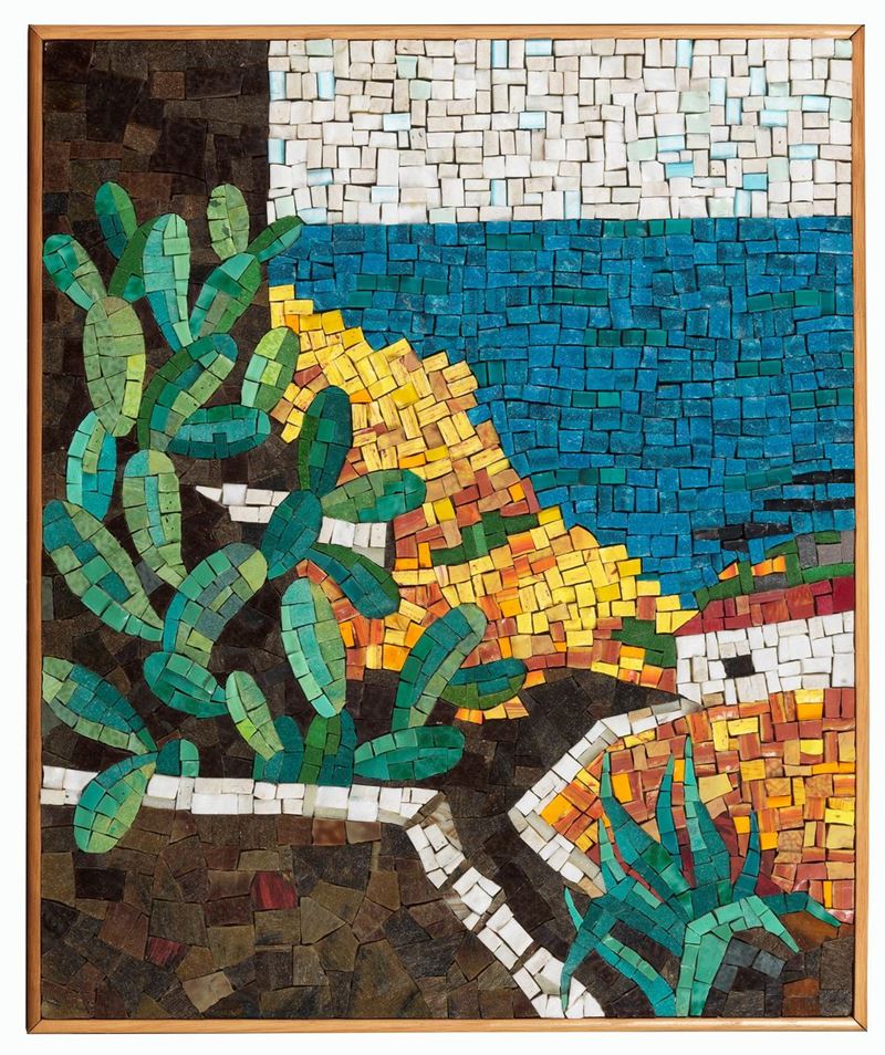 "Paesaggio n. 2" mosaico multiplo 29/200 eseguito sotto la direzione e da cartone del maestro cm ...